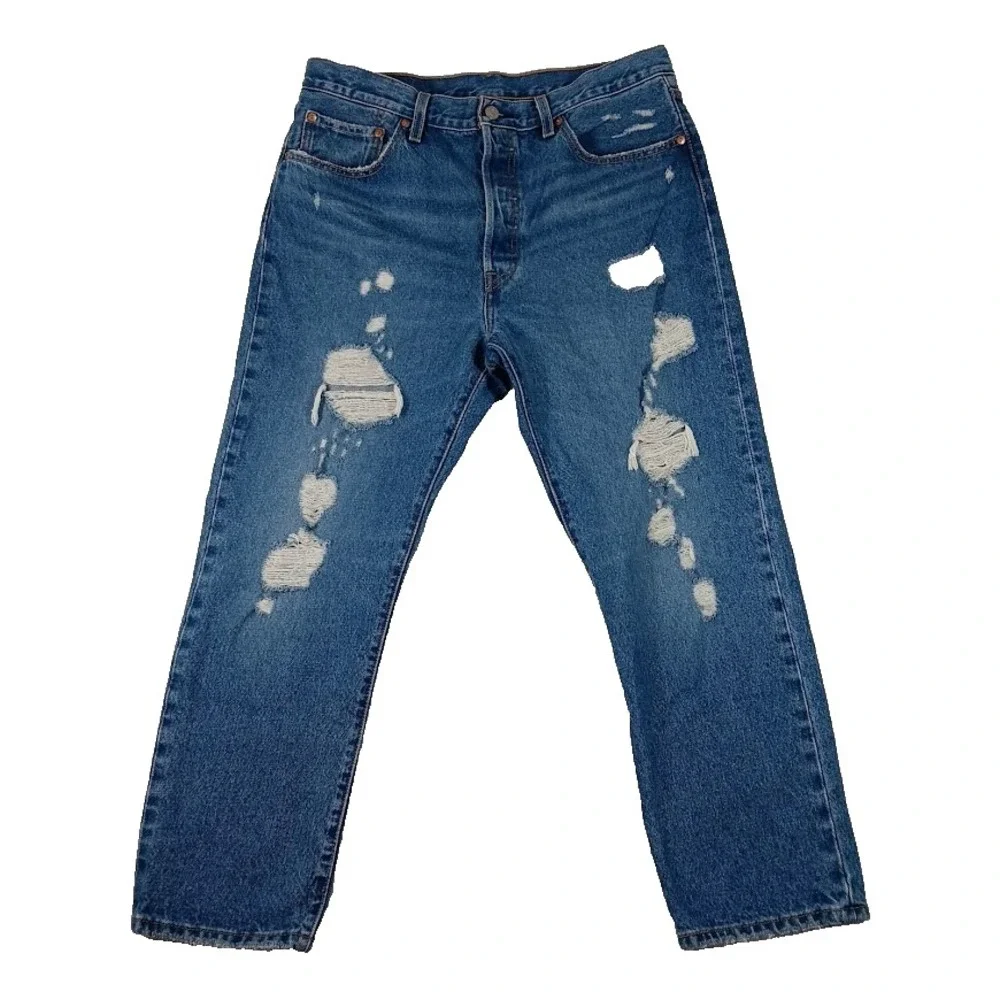 Levi's 501 Men's Jeans W32 L25 Blue Distressed Ripped Button Fly Straight Leg De
